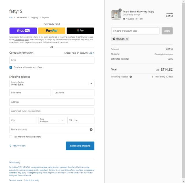 fatty15 checkout page showing fatty15 discount code box | Screenshot taken by SimplyCodes community member on Dec 30, 2022