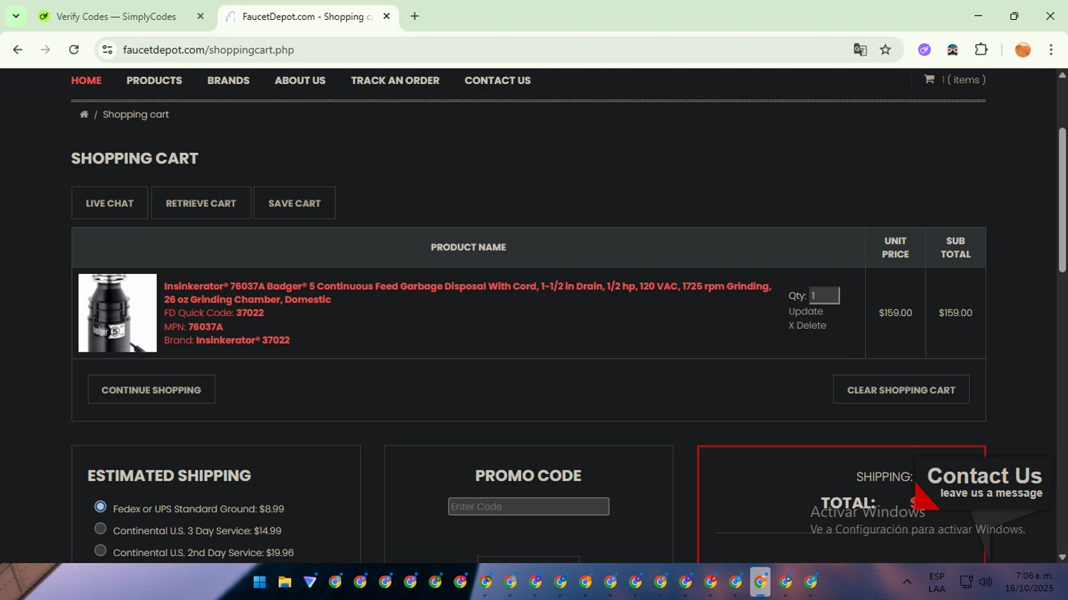 Faucet Depot checkout page showing Faucet Depot promo code box | Screenshot taken by SimplyCodes community member on Oct 16, 2025