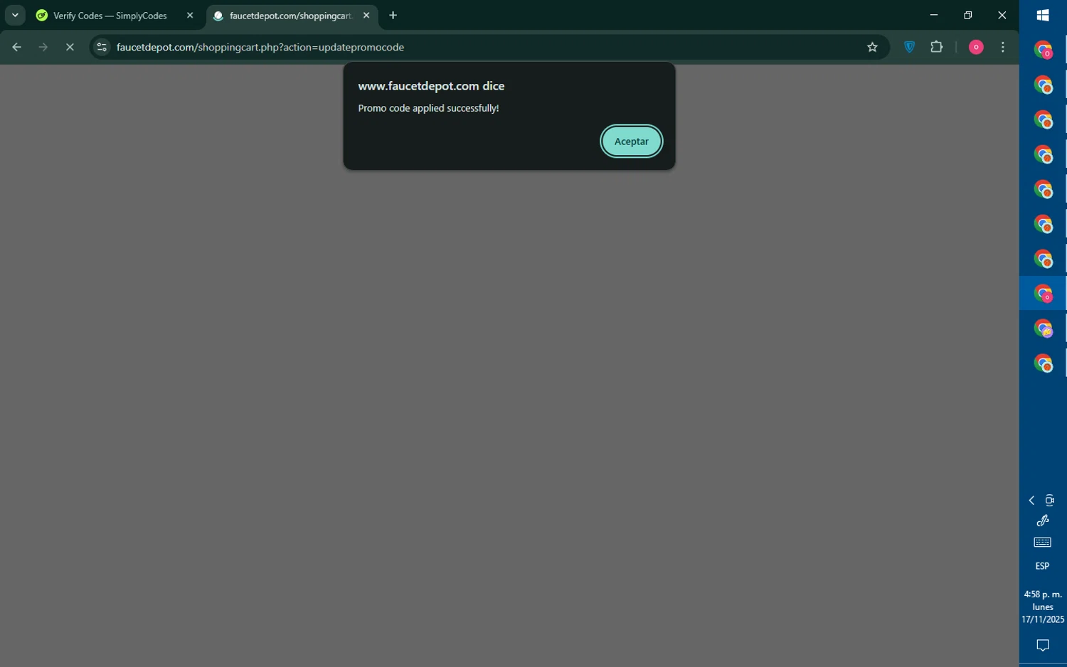 Faucet Depot promo code screenshot showing code ZoeM53 applied at Faucet Depot checkout page. Uploaded by SimplyCodes community member RebateNavigator926 on Nov 17, 2025