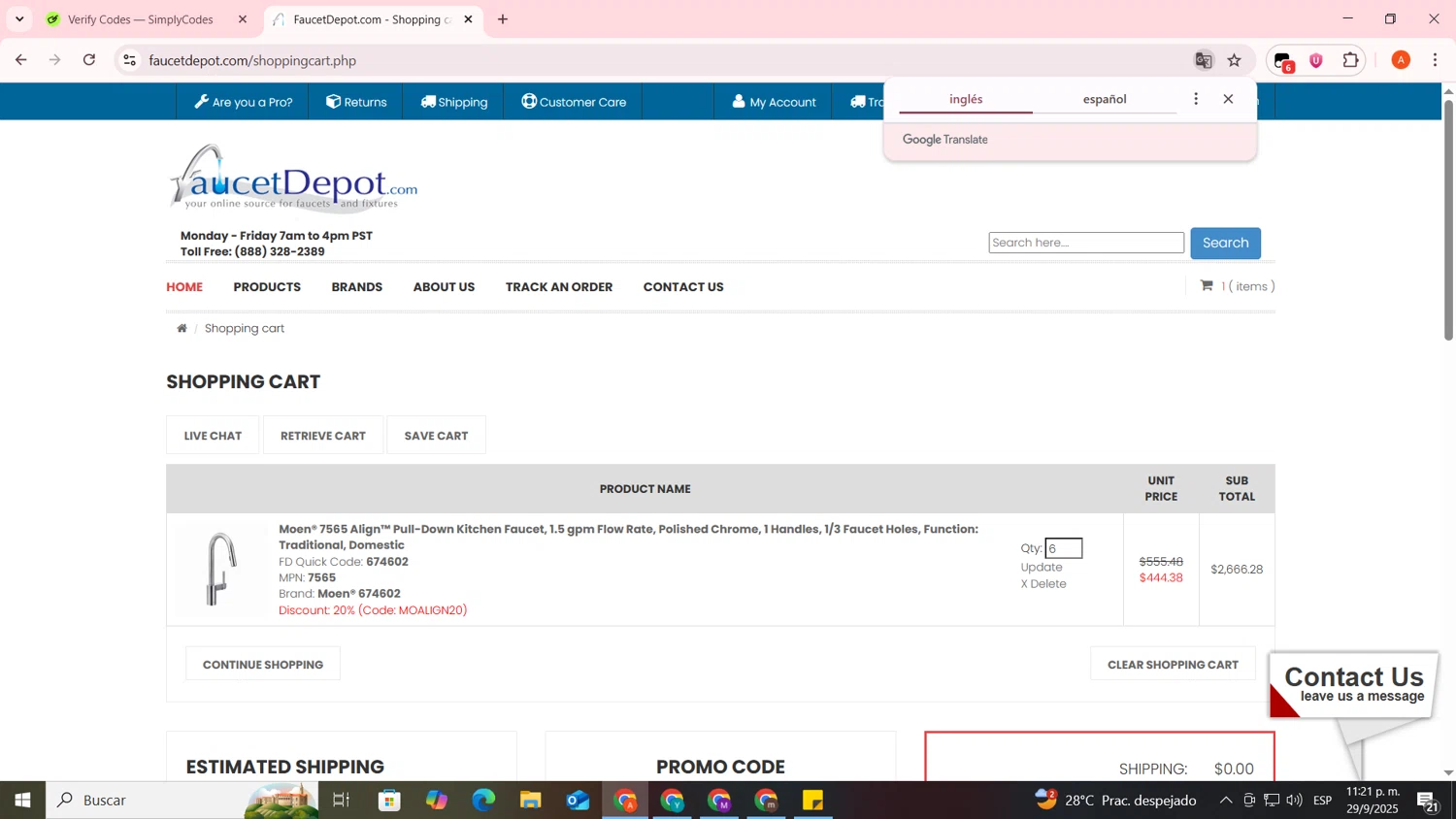 Faucet Depot promo code screenshot showing code MOALIGN20 applied at Faucet Depot checkout page. Uploaded by SimplyCodes community member FrugalSentinel6206 on Sep 30, 2025