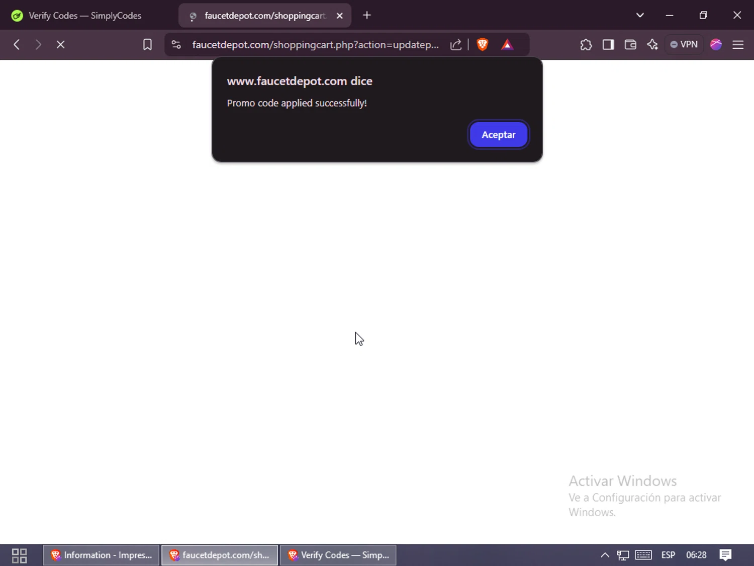 Faucet Depot promo code screenshot showing code PFIPFIRST10 applied at Faucet Depot checkout page. Uploaded by SimplyCodes community member Rayyyyyy on Jan 7, 2025