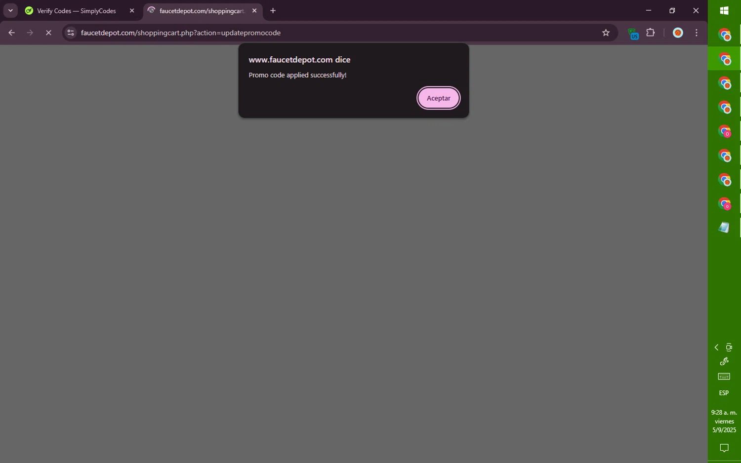 Faucet Depot promo code screenshot showing code MOEVA10 applied at Faucet Depot checkout page. Uploaded by SimplyCodes community member PromoVoyager8446 on Sep 5, 2025