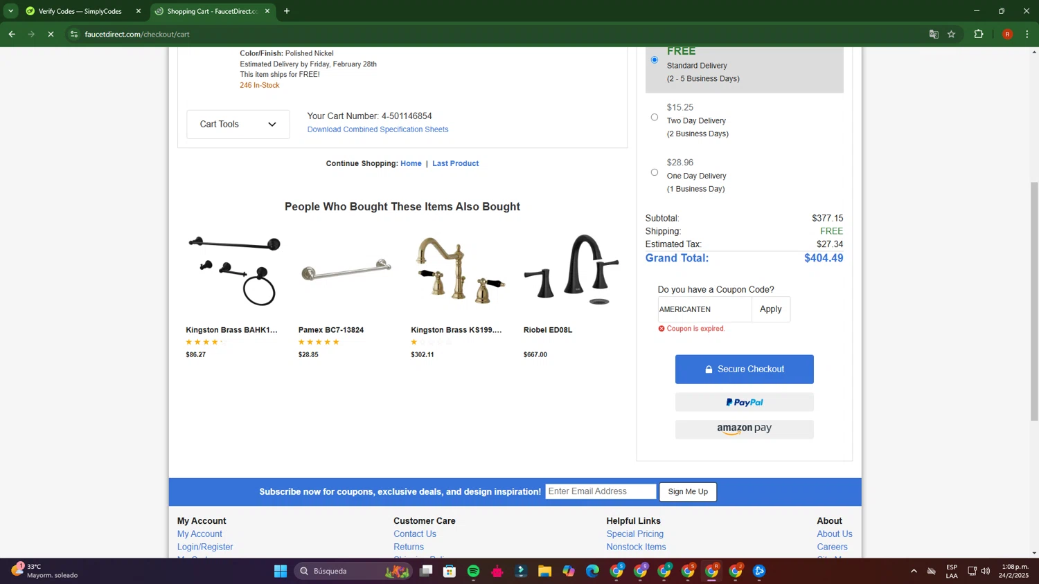Faucet Direct coupon code screenshot showing code AMERICANTEN applied at Faucet Direct checkout page. Uploaded by SimplyCodes community member RubiDg on Feb 24, 2025