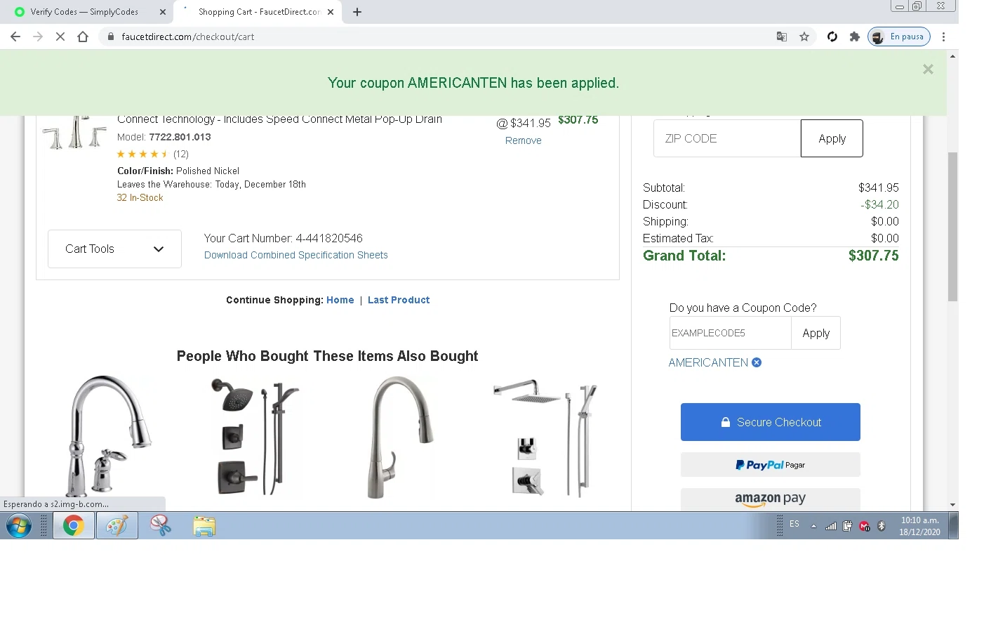 Faucet Direct checkout page showing Faucet Direct coupon code box | Screenshot taken by SimplyCodes community member on Dec 18, 2020