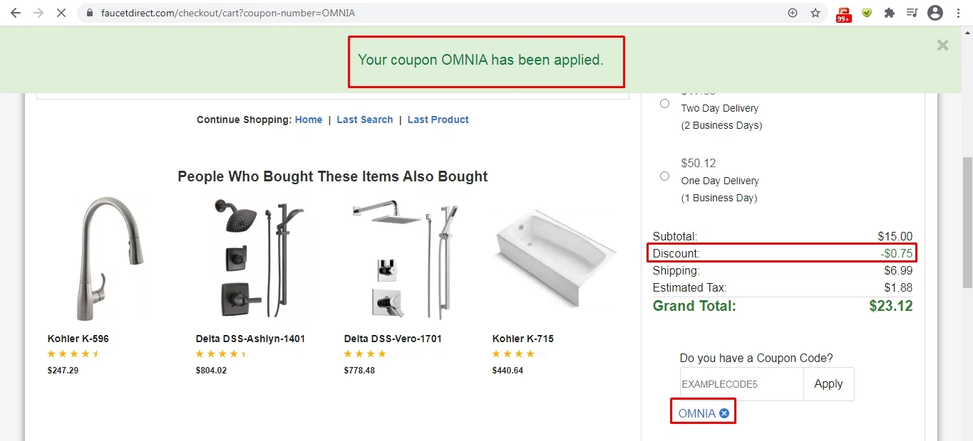 Faucet Direct checkout page showing Faucet Direct coupon code box | Screenshot taken by SimplyCodes community member on Dec 14, 2020