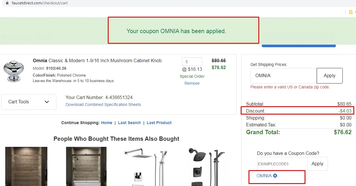 Faucet Direct checkout page showing Faucet Direct coupon code box | Screenshot taken by SimplyCodes community member on Sep 24, 2020
