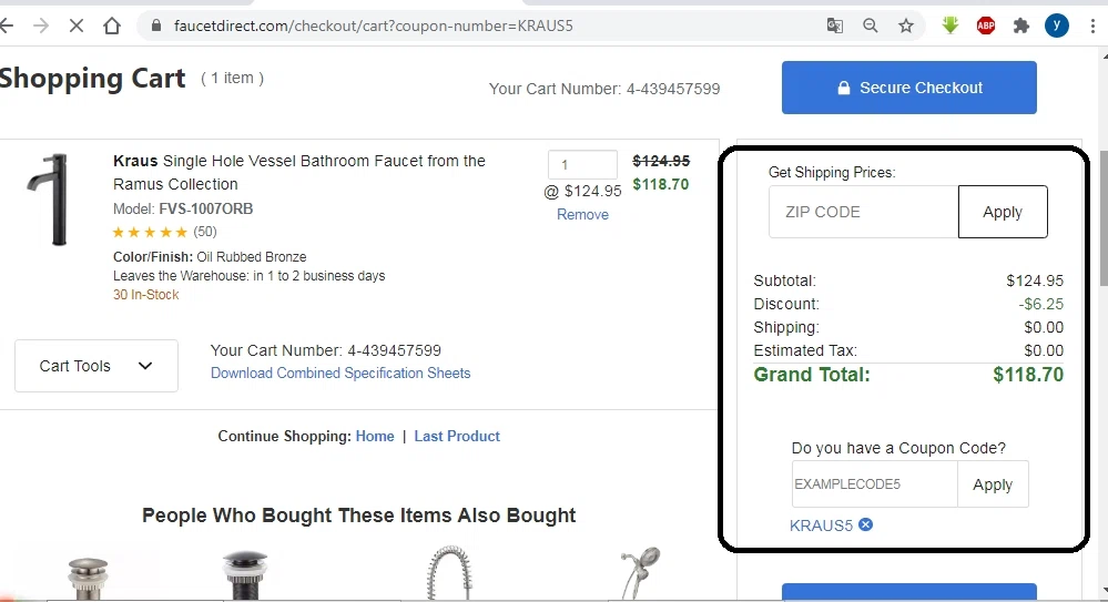 Faucet Direct checkout page showing Faucet Direct coupon code box | Screenshot taken by SimplyCodes community member on Oct 13, 2020