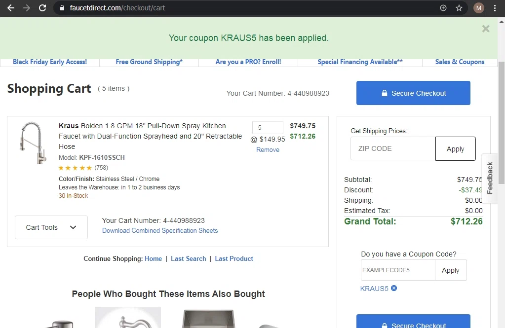 Faucet Direct checkout page showing Faucet Direct coupon code box | Screenshot taken by SimplyCodes community member on Nov 22, 2020