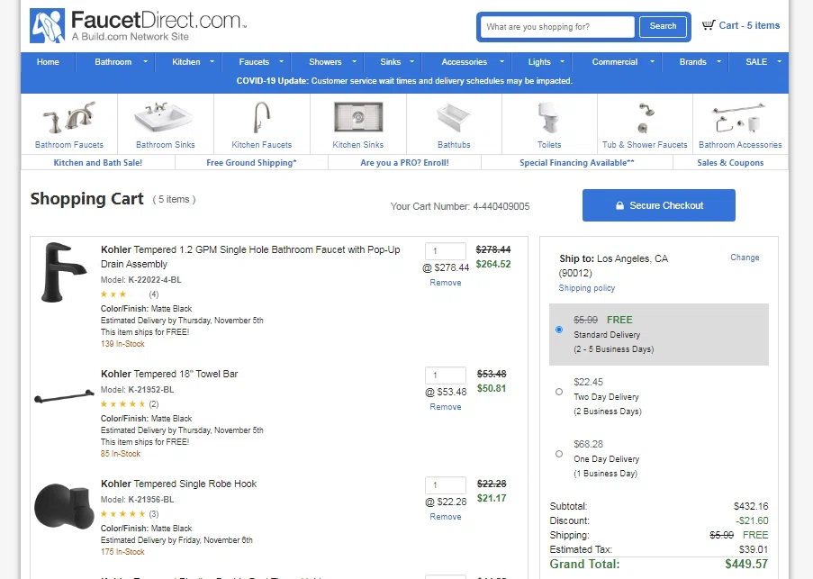 Faucet Direct checkout page showing Faucet Direct coupon code box | Screenshot taken by SimplyCodes community member on Nov 4, 2020