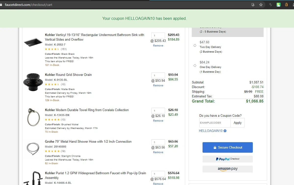 Faucet Direct checkout page showing Faucet Direct coupon code box | Screenshot taken by SimplyCodes community member on Mar 16, 2021