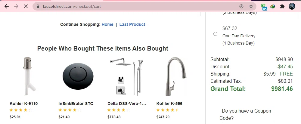 Faucet Direct checkout page showing Faucet Direct coupon code box | Screenshot taken by SimplyCodes community member on Feb 18, 2021