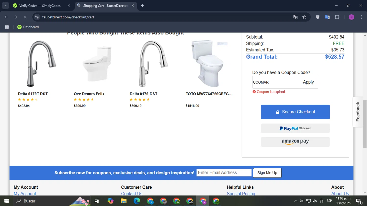 Faucet Direct coupon code screenshot showing code UCOMAR applied at Faucet Direct checkout page. Uploaded by SimplyCodes community member Datacodes on Feb 24, 2025