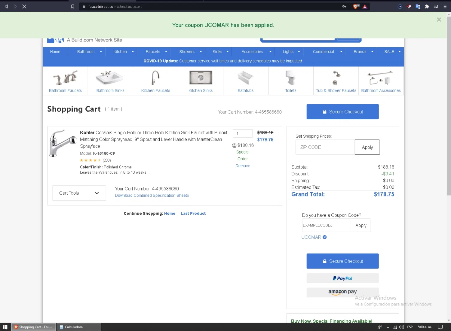 Faucet Direct checkout page showing Faucet Direct coupon code box | Screenshot taken by SimplyCodes community member on Oct 24, 2021