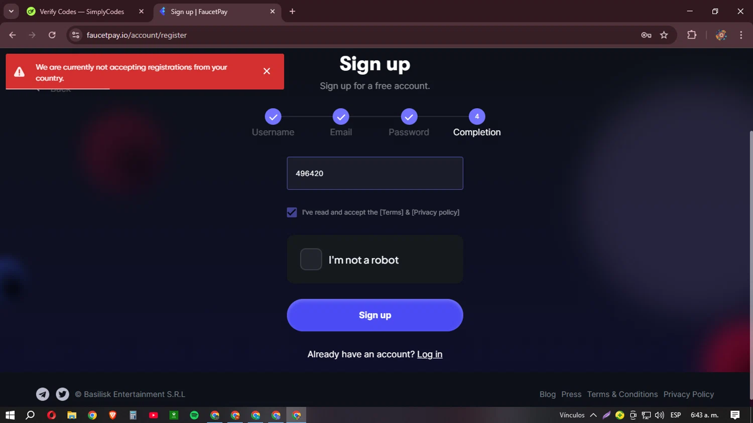 FaucetPay promo code screenshot showing code 496420 applied at FaucetPay checkout page. Uploaded by SimplyCodes community member BudgetHunter9184 on Mar 9, 2025
