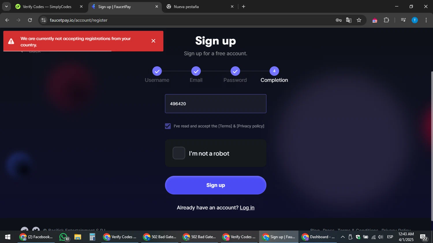FaucetPay promo code screenshot showing code 496420 applied at FaucetPay checkout page. Uploaded by SimplyCodes community member hankt1521 on Apr 1, 2025