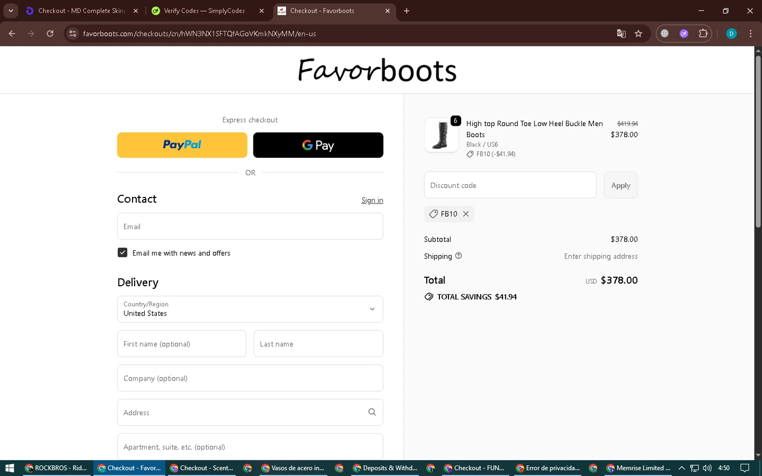 Favorboots discount code screenshot showing code FB10 applied at Favorboots checkout page. Uploaded by SimplyCodes community member BonusPilot3825 on Sep 25, 2025