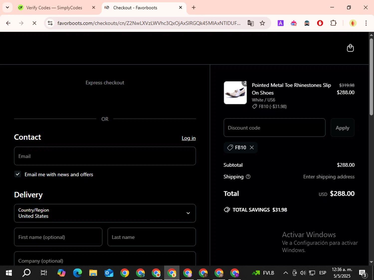 Favorboots discount code screenshot showing code FB10 applied at Favorboots checkout page. Uploaded by SimplyCodes community member BonusElite3722 on May 5, 2025