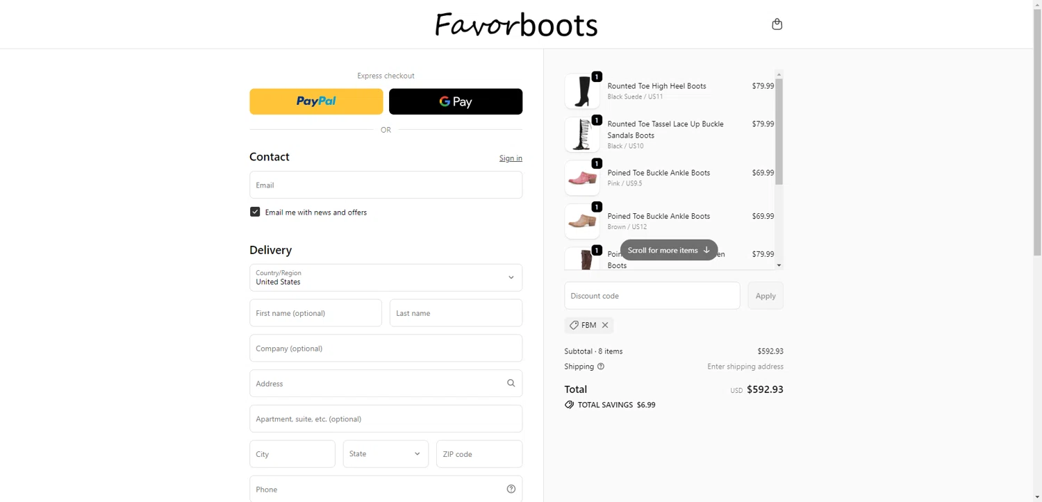 Favorboots discount code screenshot showing code FBM applied at Favorboots checkout page. Uploaded by SimplyCodes community member PennyRanger8219 on Dec 5, 2025