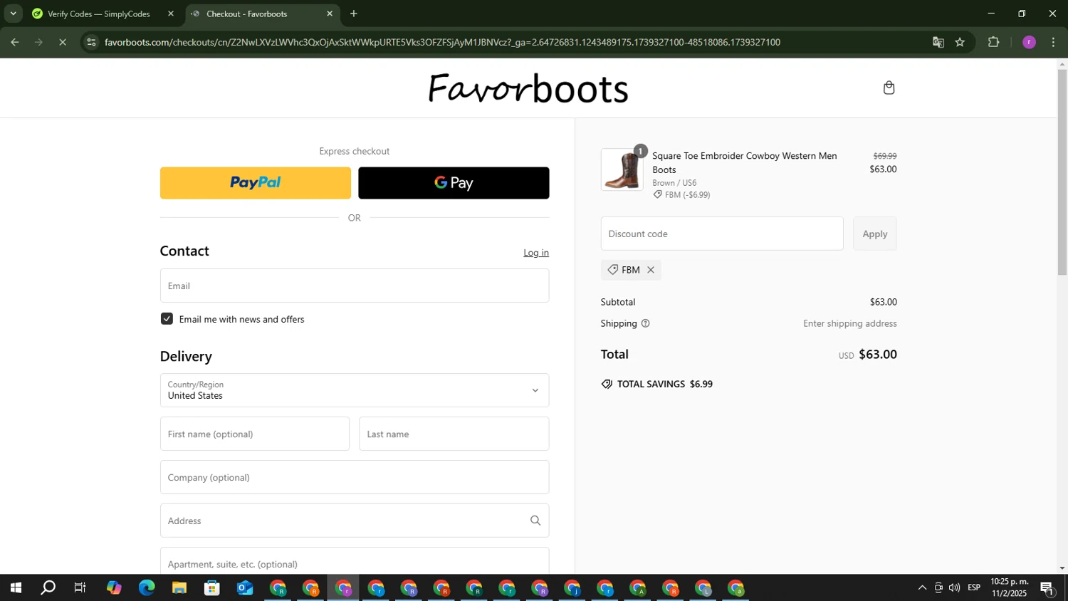 Favorboots discount code screenshot showing code FBM applied at Favorboots checkout page. Uploaded by SimplyCodes community member EpicScout8515 on Feb 12, 2025