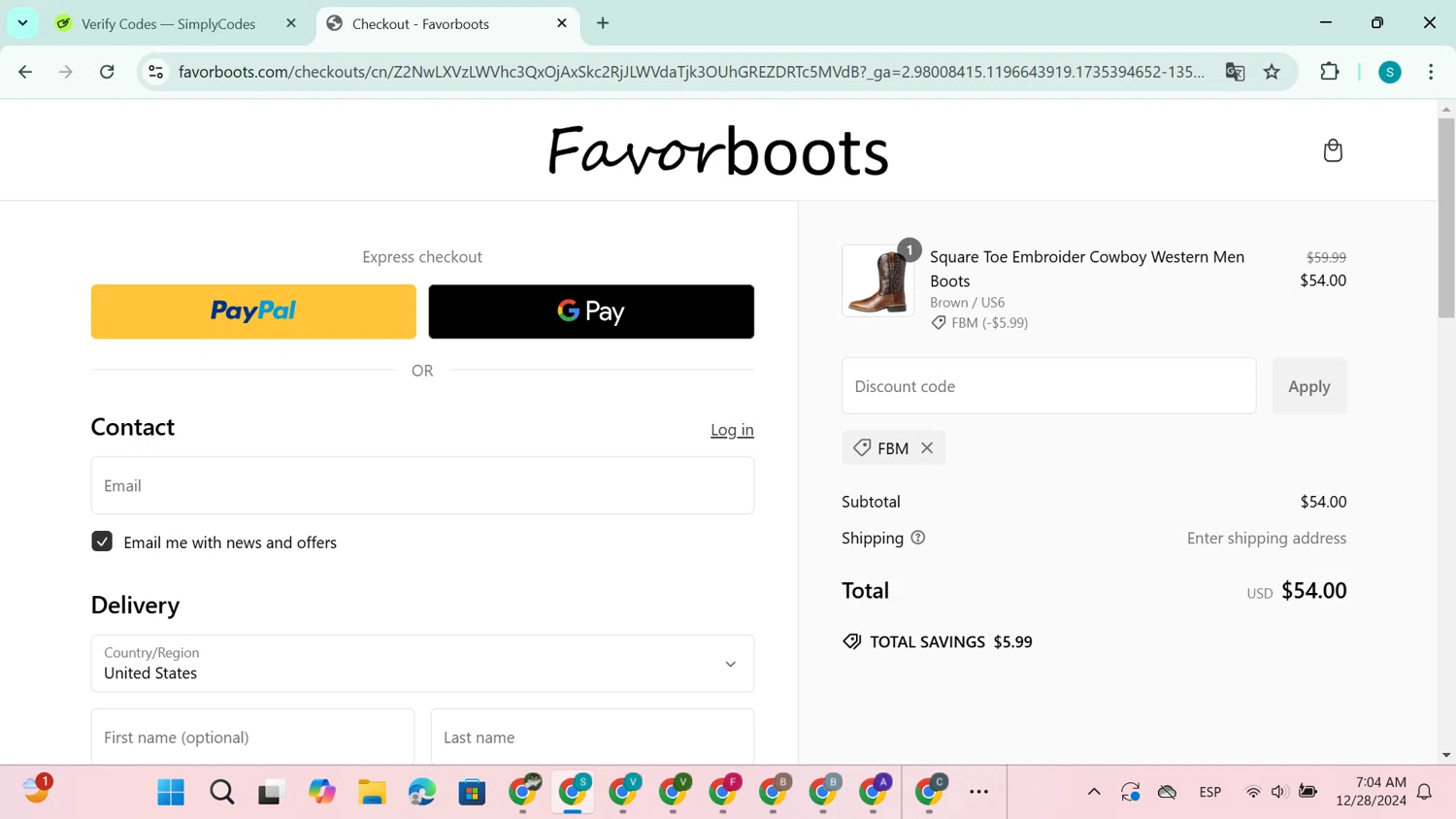 Favorboots discount code screenshot showing code FBM applied at Favorboots checkout page. Uploaded by SimplyCodes community member TreasureEagle4642 on Dec 28, 2024