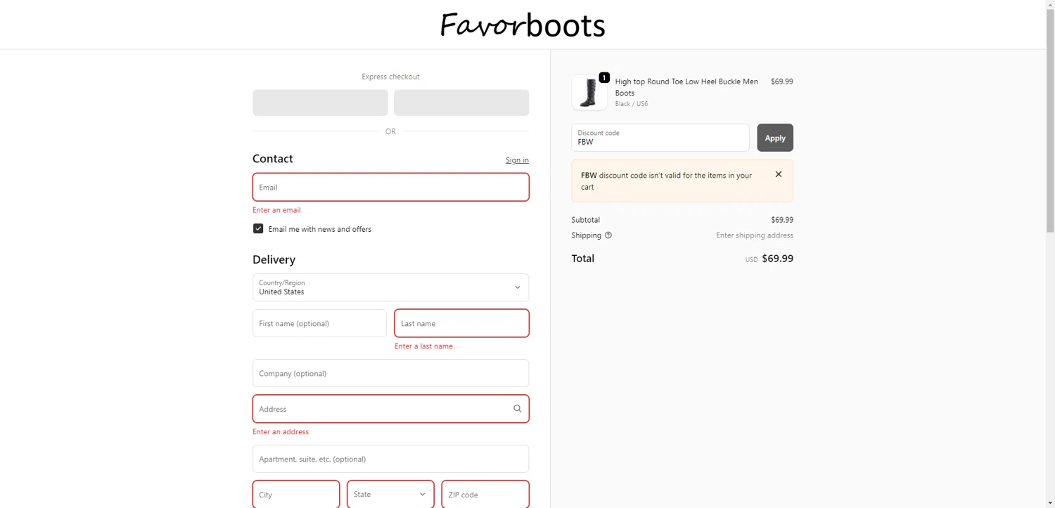 Favorboots discount code screenshot showing code FBW applied at Favorboots checkout page. Uploaded by SimplyCodes community member CodeGuardian5312 on Oct 11, 2025