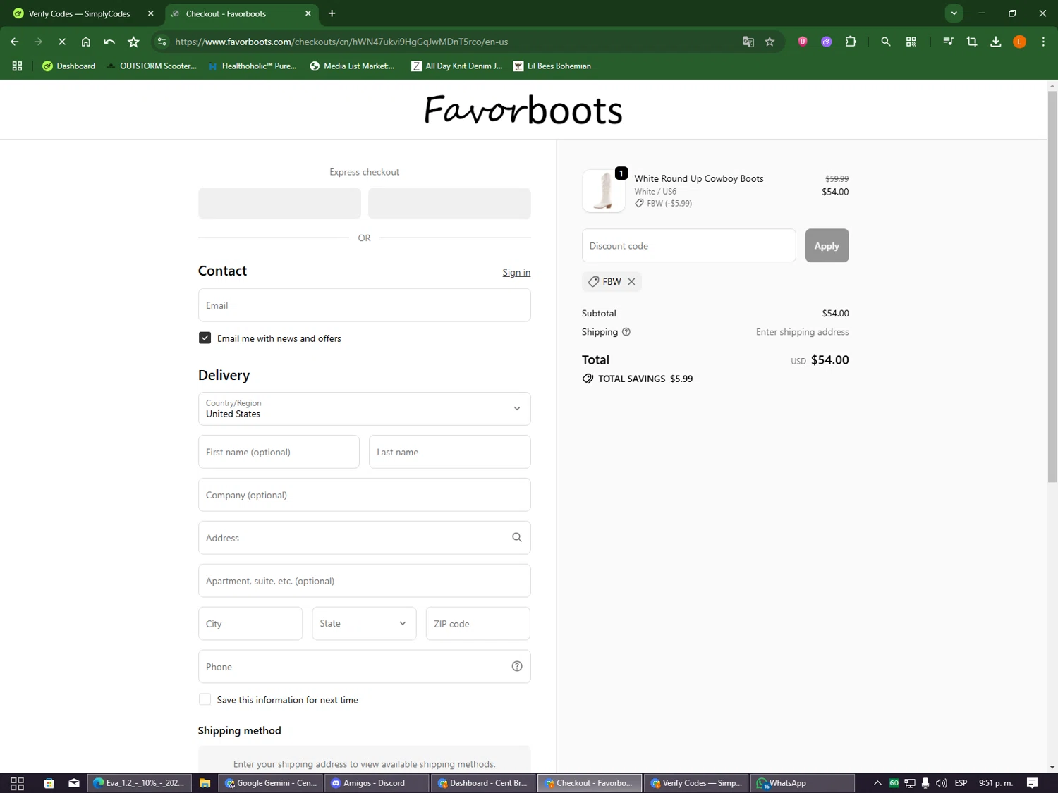 Favorboots discount code screenshot showing code FBW applied at Favorboots checkout page. Uploaded by SimplyCodes community member DealOwl9228 on Oct 15, 2025
