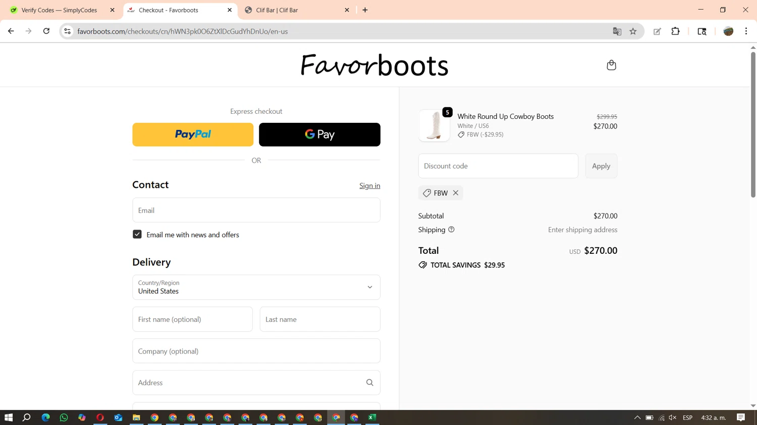 Favorboots discount code screenshot showing code FBW applied at Favorboots checkout page. Uploaded by SimplyCodes community member FundoEsperanza on Oct 7, 2025