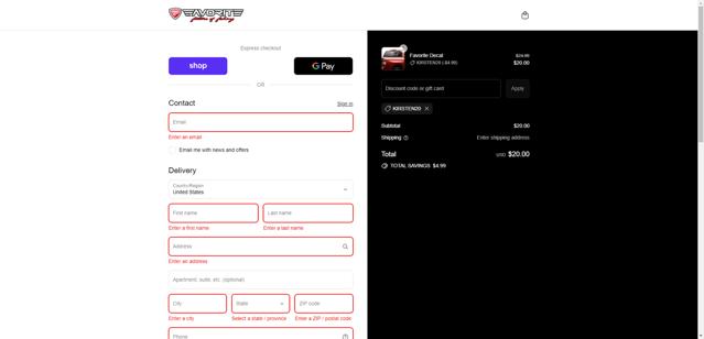 Favorite USA checkout page showing Favorite USA promo code box | Screenshot taken by SimplyCodes community member on Sep 17, 2025