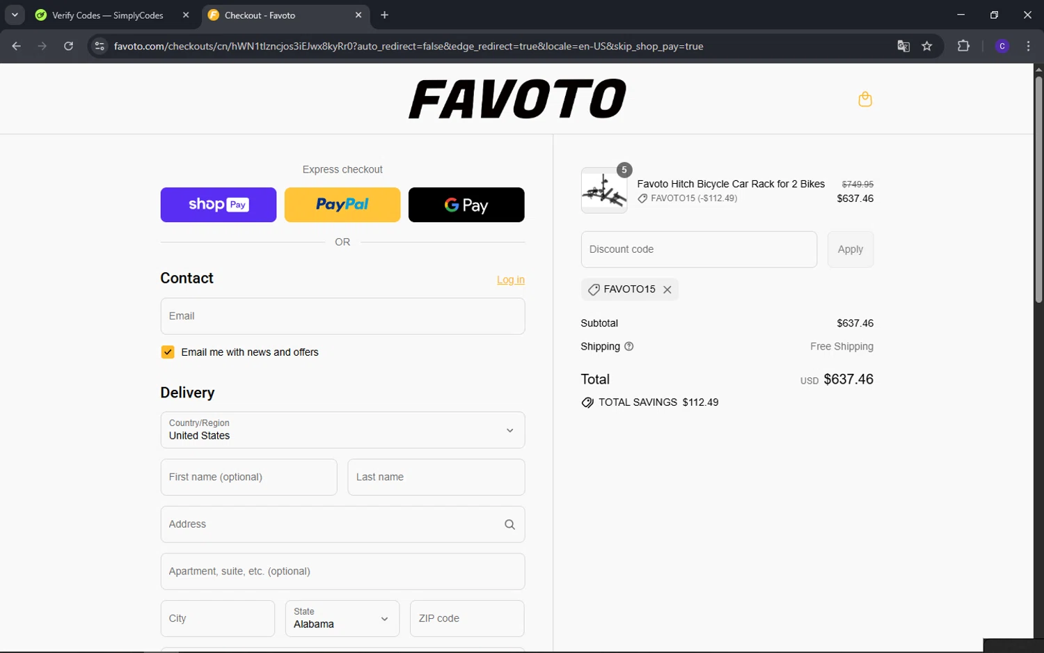 Favoto promo code screenshot showing code FAVOTO15 applied at Favoto checkout page. Uploaded by SimplyCodes community member Elvistrofia on Aug 17, 2025