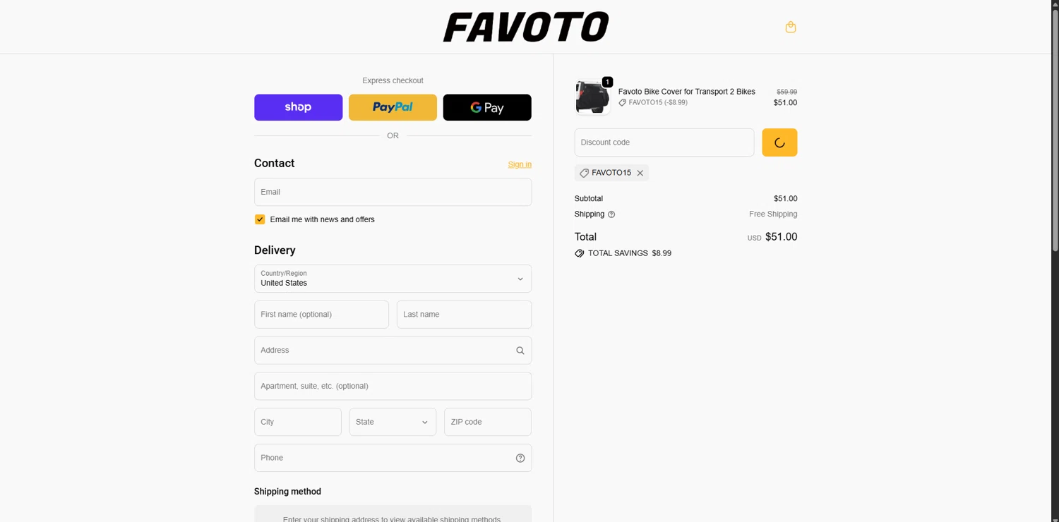 Favoto promo code screenshot showing code FAVOTO15 applied at Favoto checkout page. Uploaded by SimplyCodes community member WiseSage2777 on Oct 23, 2025