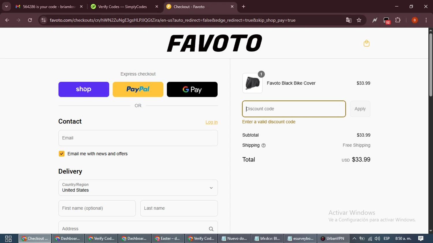 Favoto promo code screenshot showing code new50 applied at Favoto checkout page. Uploaded by SimplyCodes community member DiscountExpert6435 on Sep 4, 2025