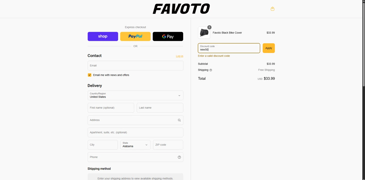 Favoto promo code screenshot showing code new50 applied at Favoto checkout page. Uploaded by SimplyCodes community member SavingsPioneer4533 on Sep 4, 2025