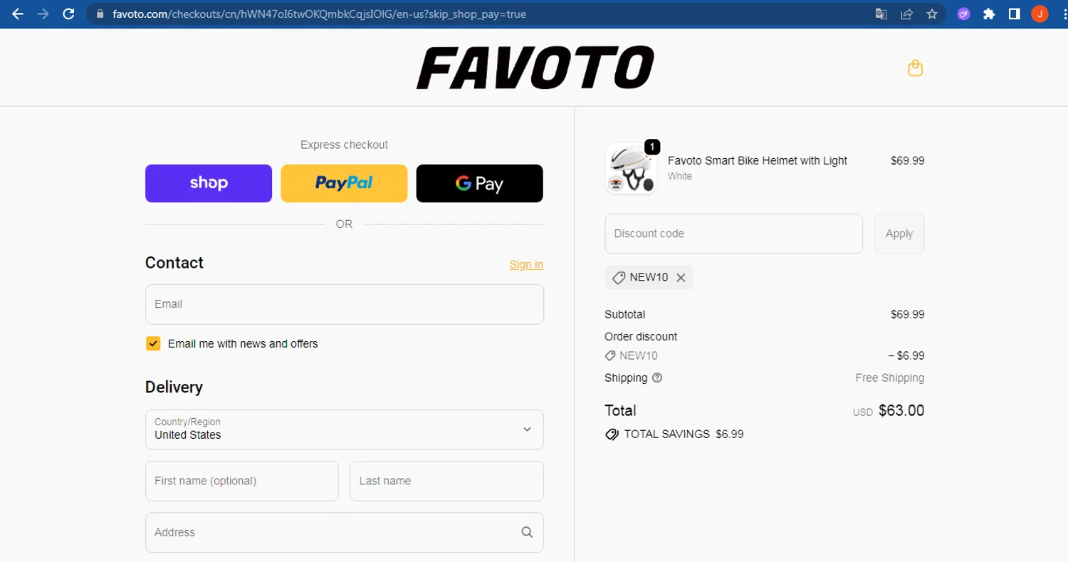 Favoto promo code screenshot showing code NEW10 applied at Favoto checkout page. Uploaded by SimplyCodes community member FranquizJoel on Oct 15, 2025