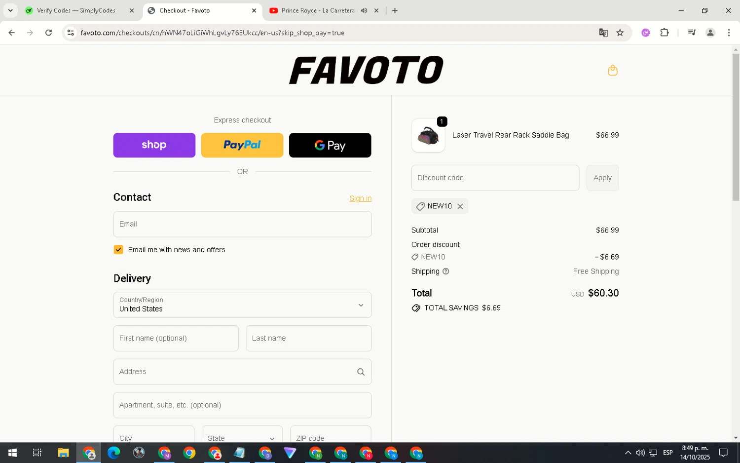 Favoto promo code screenshot showing code NEW10 applied at Favoto checkout page. Uploaded by SimplyCodes community member ScanNavigator5190 on Oct 15, 2025