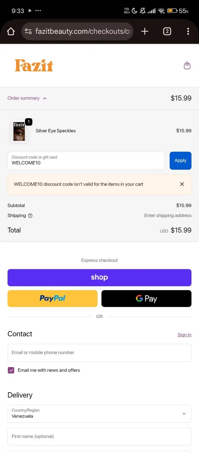 Fazit coupon code screenshot showing code WELCOME10 applied at Fazit checkout page. Uploaded by SimplyCodes community member Lhhfhii on Nov 3, 2025