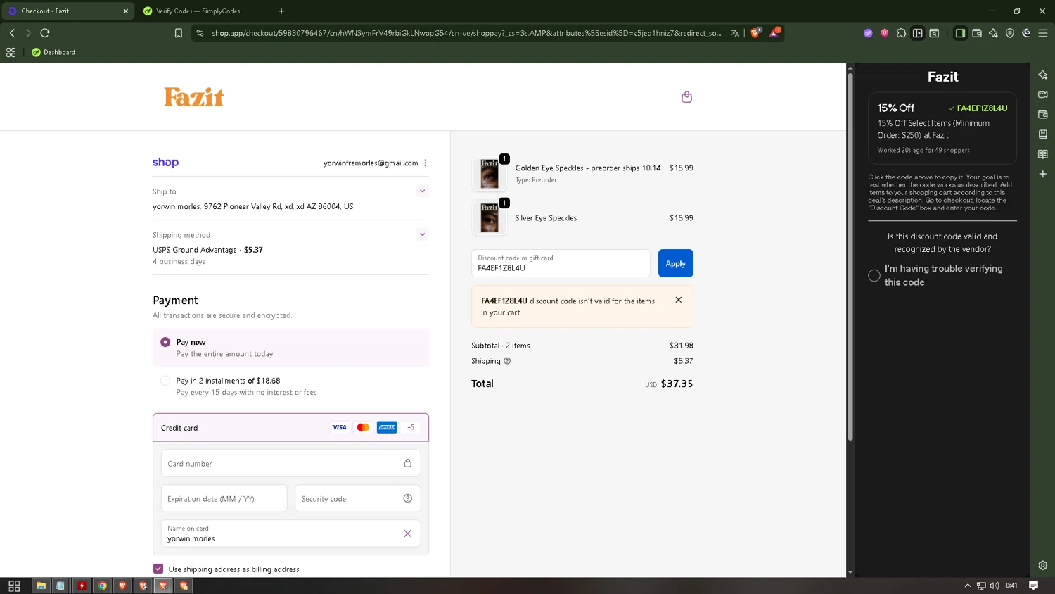 Fazit coupon code screenshot showing code FA4EF1Z8L4U applied at Fazit checkout page. Uploaded by SimplyCodes community member SmartWhiz6845 on Oct 11, 2025