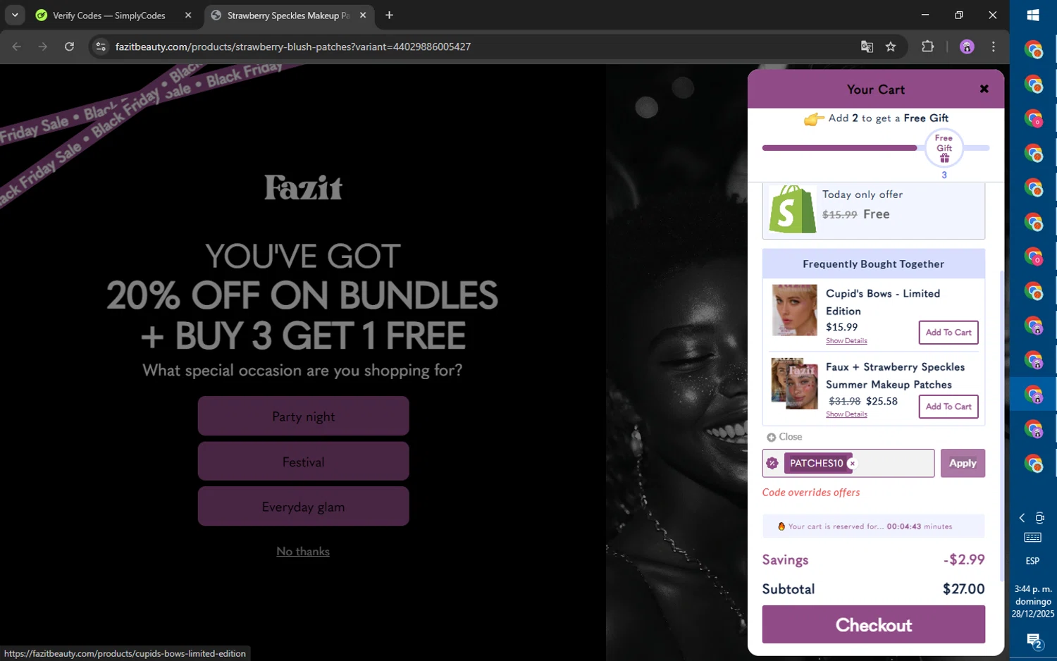 Fazit coupon code screenshot showing code patches10 applied at Fazit checkout page. Uploaded by SimplyCodes community member ositouno on Dec 28, 2025