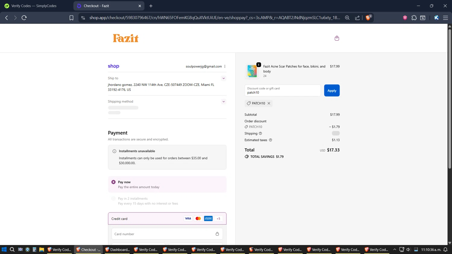 Fazit coupon code screenshot showing code patch10 applied at Fazit checkout page. Uploaded by SimplyCodes community member verifier_983798000 on Dec 5, 2025