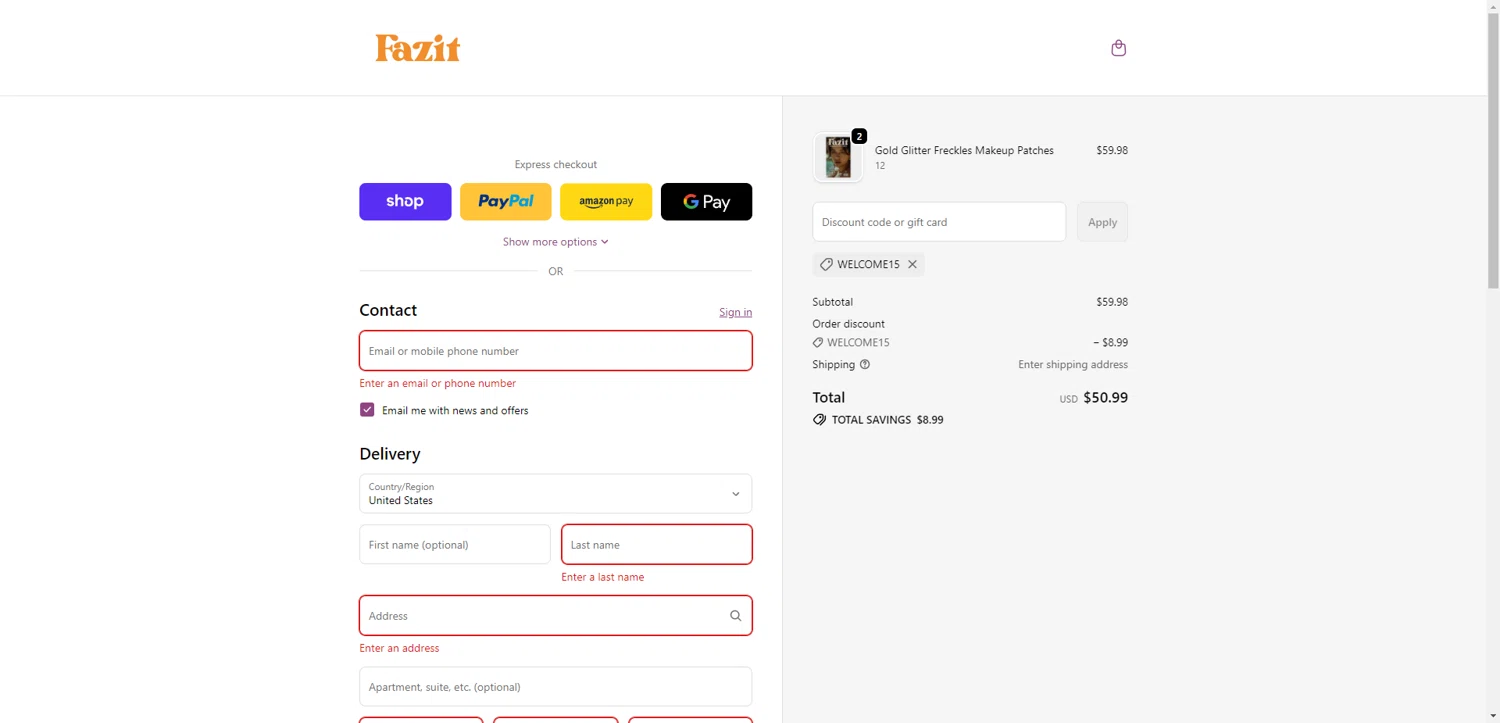 Fazit coupon code screenshot showing code welcome15 applied at Fazit checkout page. Uploaded by SimplyCodes community member CodeGuardian5312 on Dec 28, 2025