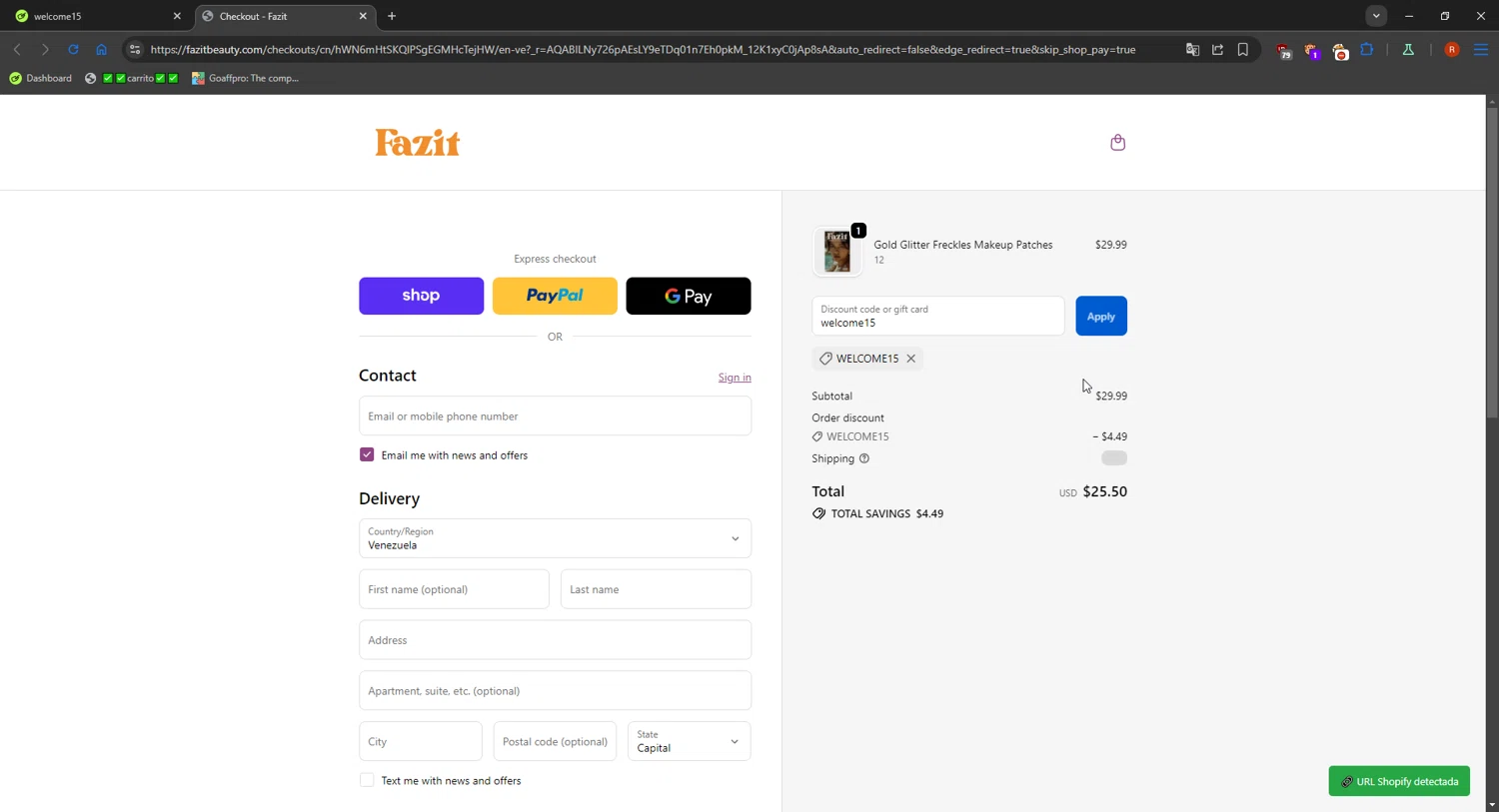 Fazit coupon code screenshot showing code welcome15 applied at Fazit checkout page. Uploaded by SimplyCodes community member RebateCaptain6918 on Dec 23, 2025