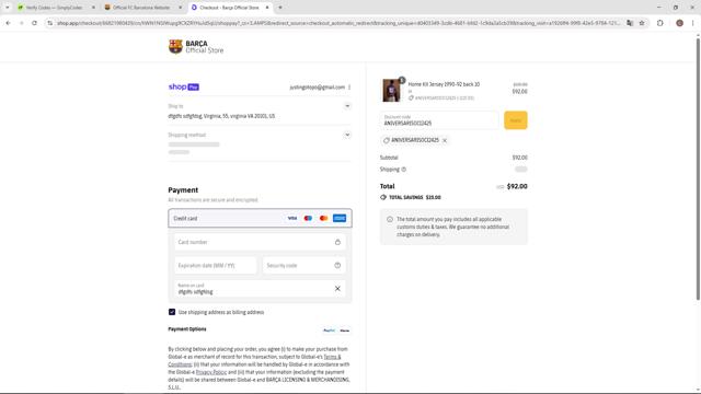 FC Barcelona checkout page showing FC Barcelona promo code box | Screenshot taken by SimplyCodes community member on Aug 3, 2025