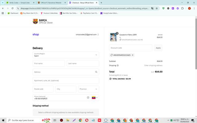 FC Barcelona checkout page showing FC Barcelona promo code box | Screenshot taken by SimplyCodes community member on Sep 5, 2025