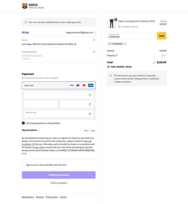 FC Barcelona checkout page showing FC Barcelona promo code box | Screenshot taken by SimplyCodes community member on Sep 2, 2025