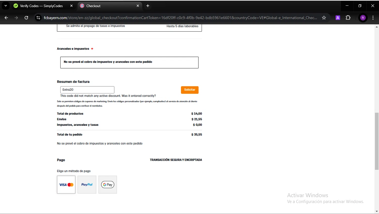 FC Bayern promo code screenshot showing code Extra20 applied at FC Bayern checkout page. Uploaded by SimplyCodes community member GabrielCichero on Feb 21, 2025
