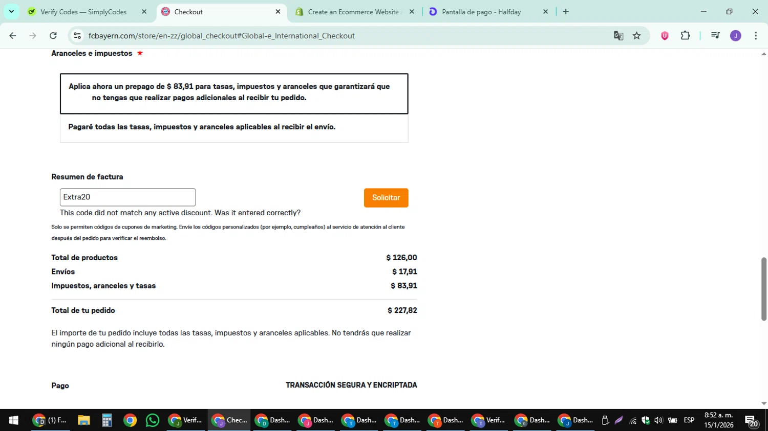 FC Bayern promo code screenshot showing code Extra20 applied at FC Bayern checkout page. Uploaded by SimplyCodes community member sniderjack453 on Jan 15, 2026