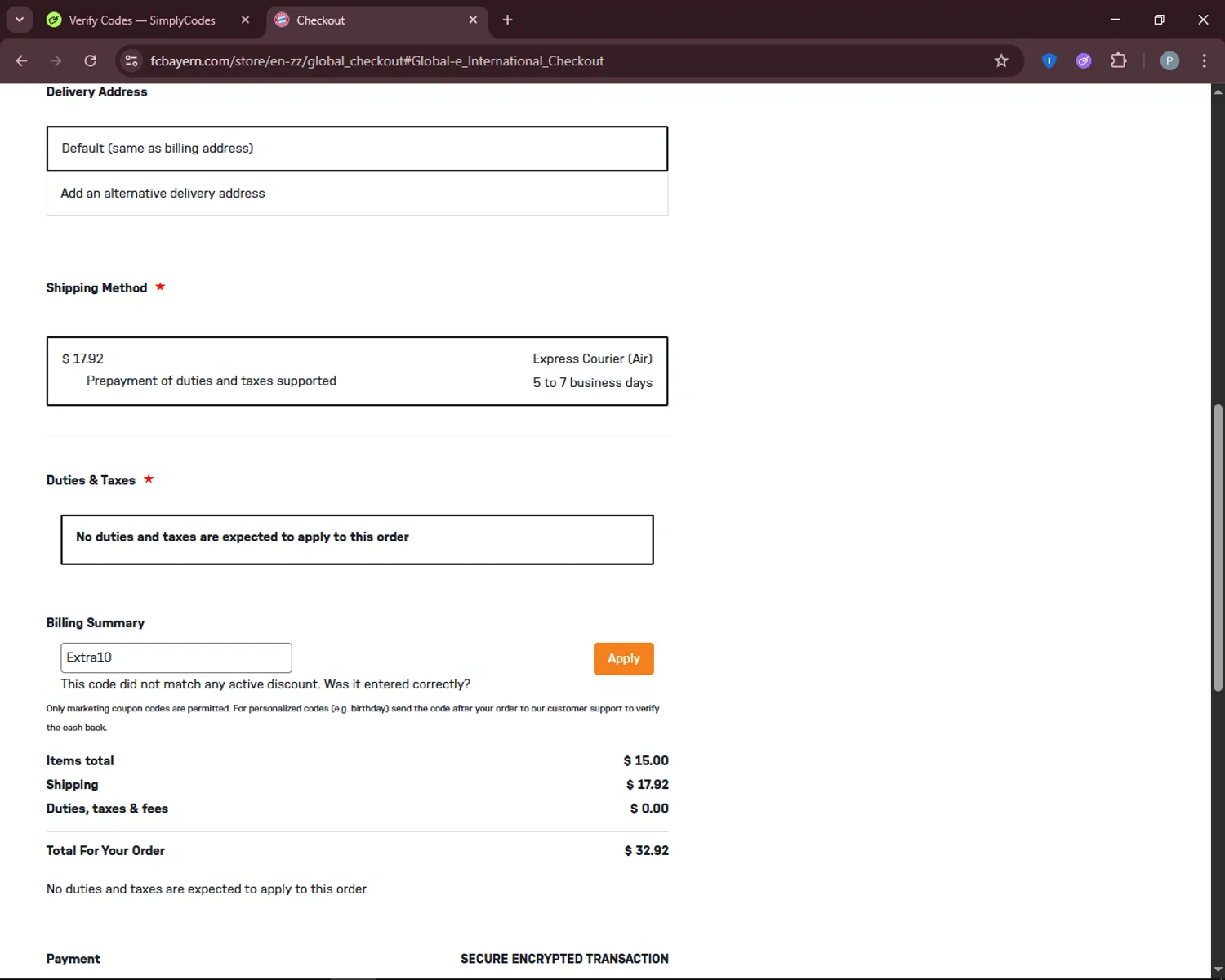 FC Bayern promo code screenshot showing code Extra10 applied at FC Bayern checkout page. Uploaded by SimplyCodes community member DiscountEagle6247 on Dec 6, 2025