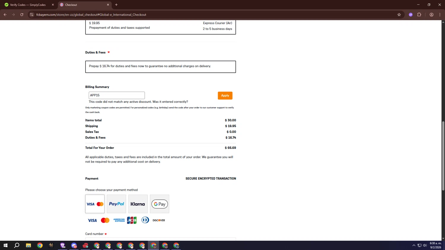FC Bayern promo code screenshot showing code APP15 applied at FC Bayern checkout page. Uploaded by SimplyCodes community member bakyhatman1020 on Feb 9, 2026