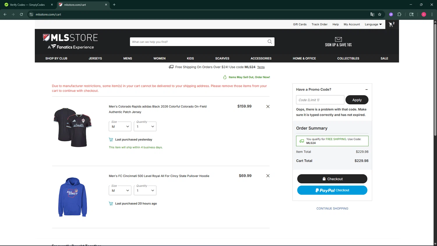 FC Cincinnati promo code screenshot showing code MLS29 applied at FC Cincinnati checkout page. Uploaded by SimplyCodes community member BargainSeeker9964 on Feb 18, 2026