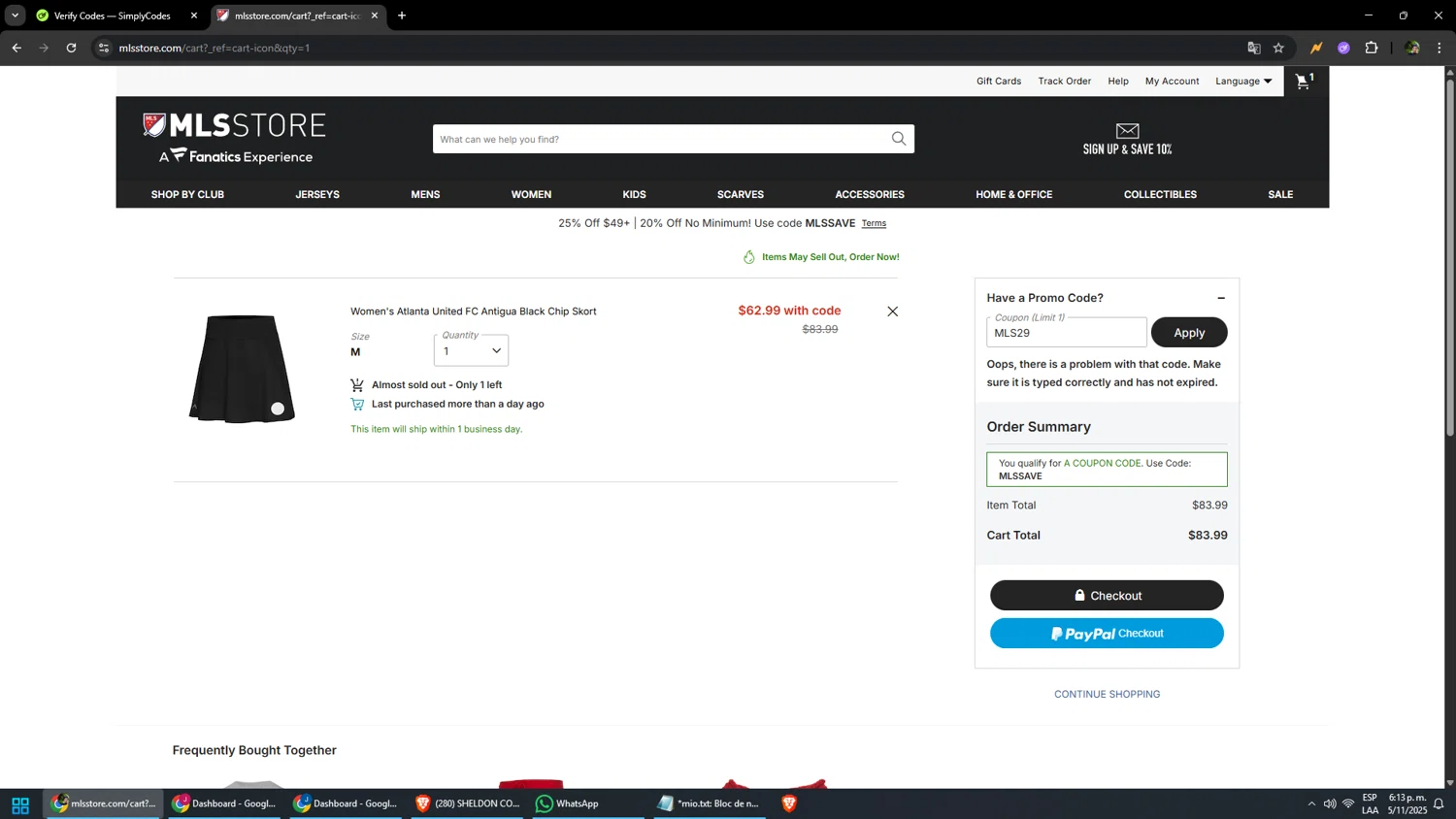 FC Cincinnati promo code screenshot showing code MLS29 applied at FC Cincinnati checkout page. Uploaded by SimplyCodes community member yonaiker on Nov 5, 2025