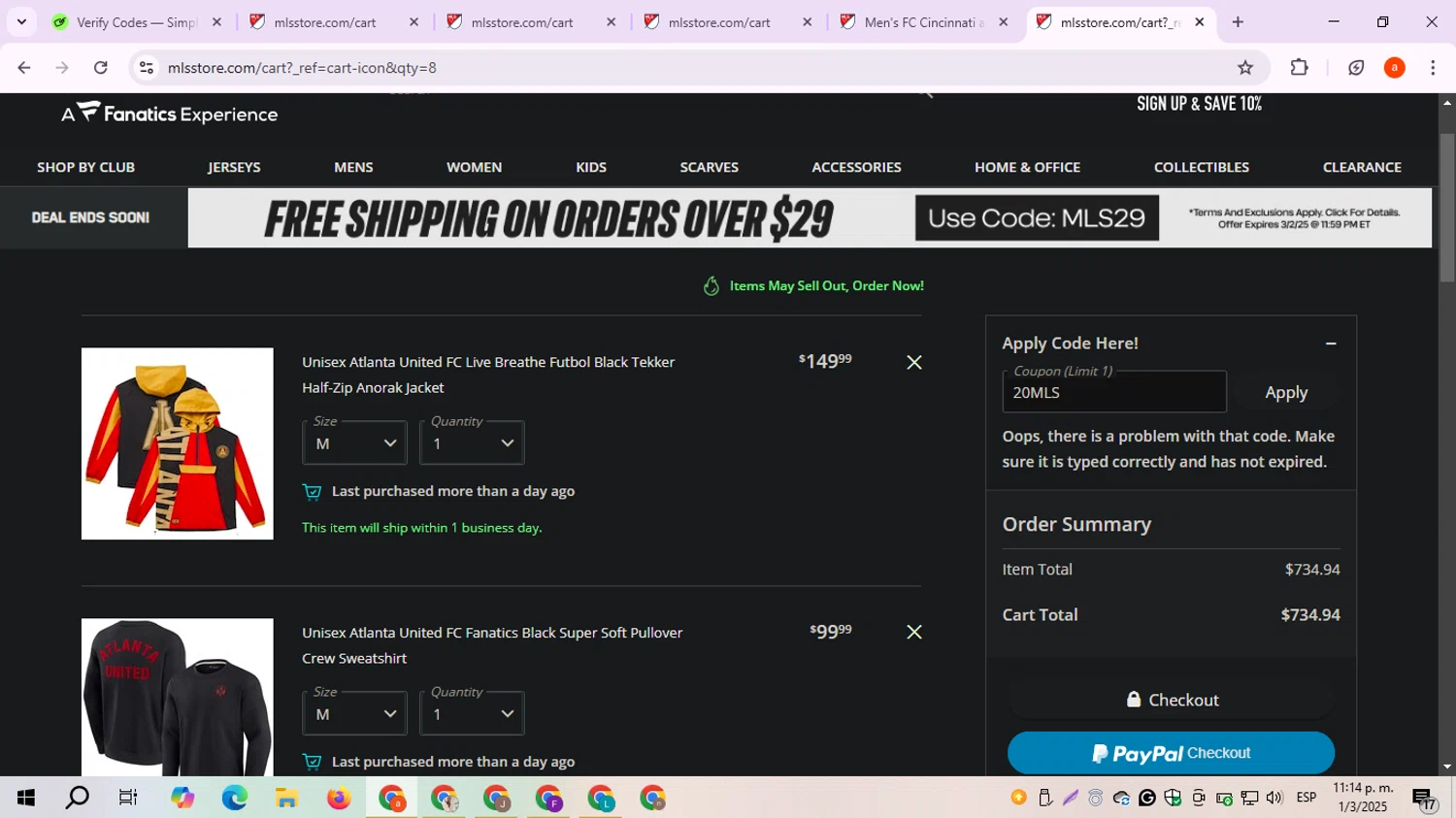 FC Cincinnati promo code screenshot showing code 20MLS applied at FC Cincinnati checkout page. Uploaded by SimplyCodes community member CoinPro3144 on Mar 2, 2025